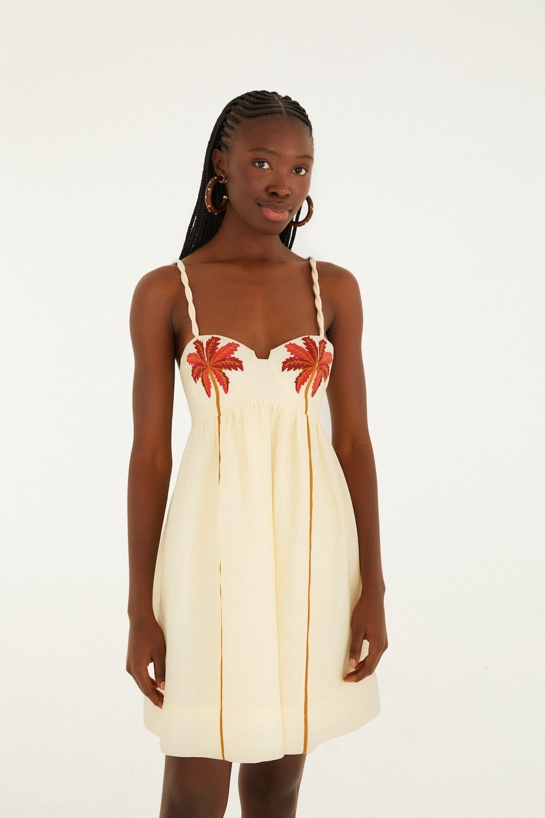 Off-White Coconut Tree Embroidered Euroflax™ Premium Linen Mini Dress