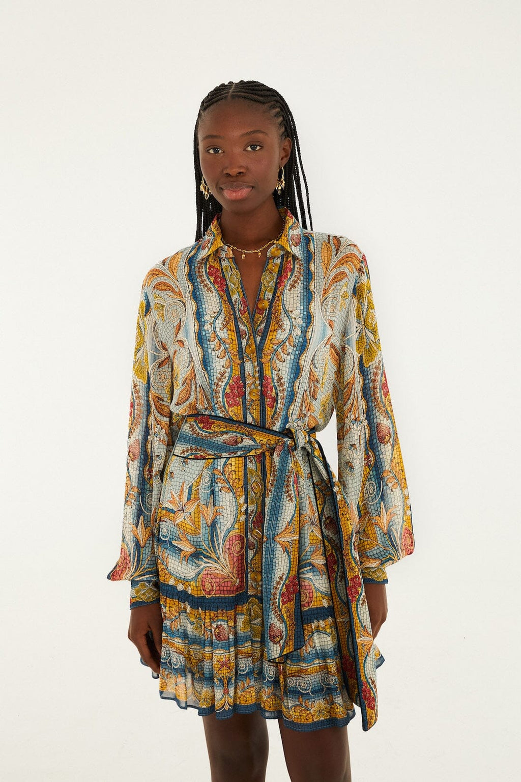 Blue Mosaic Garden Belted Mini Dress