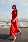 Red 3d Flower Euroflax Premium Linen Maxi Dress