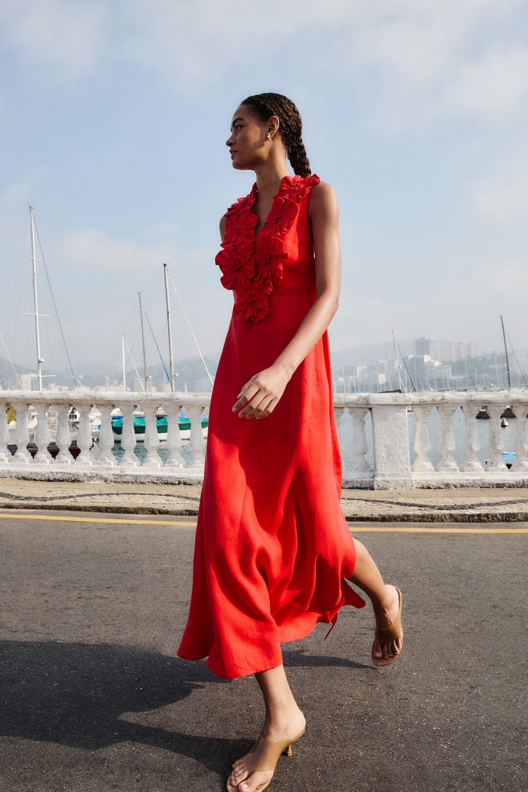 Red 3d Flower Euroflax Premium Linen Maxi Dress