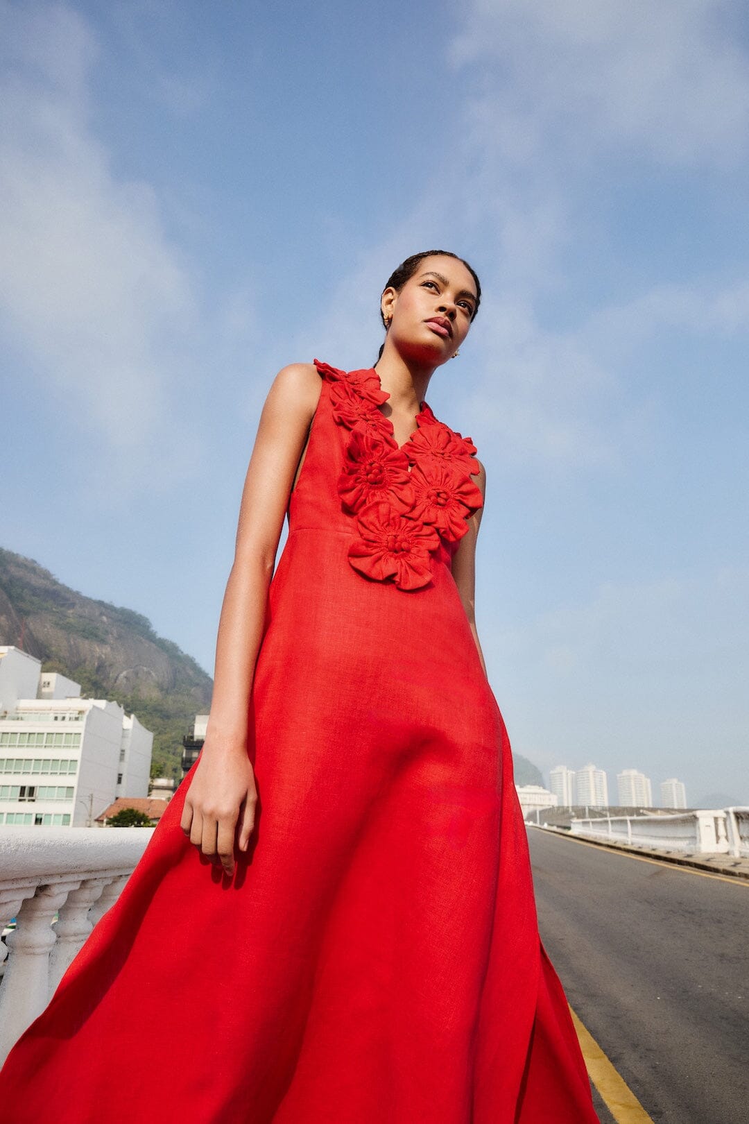 Red 3d Flower Euroflax Premium Linen Maxi Dress