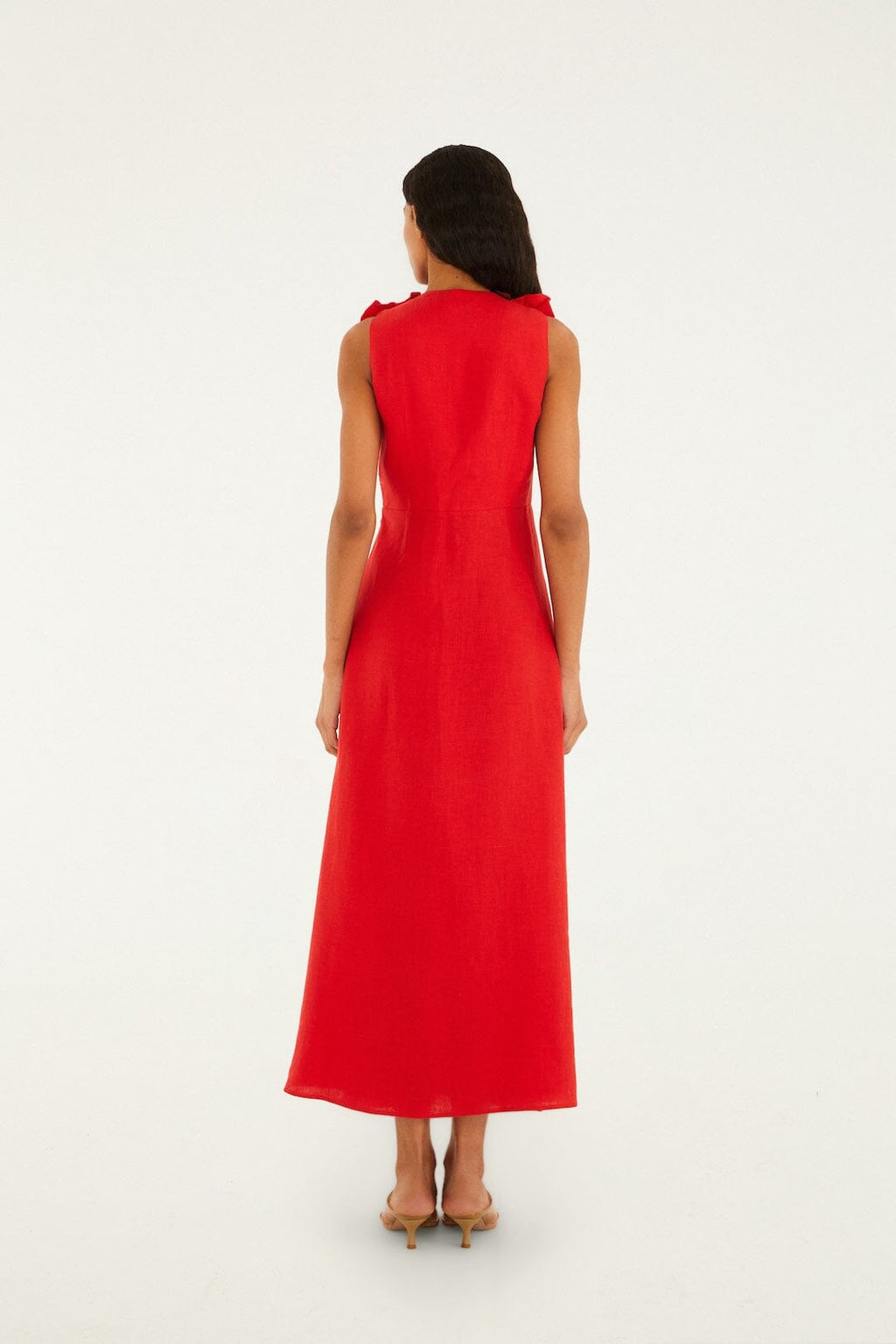 Red 3d Flower Euroflax Premium Linen Maxi Dress