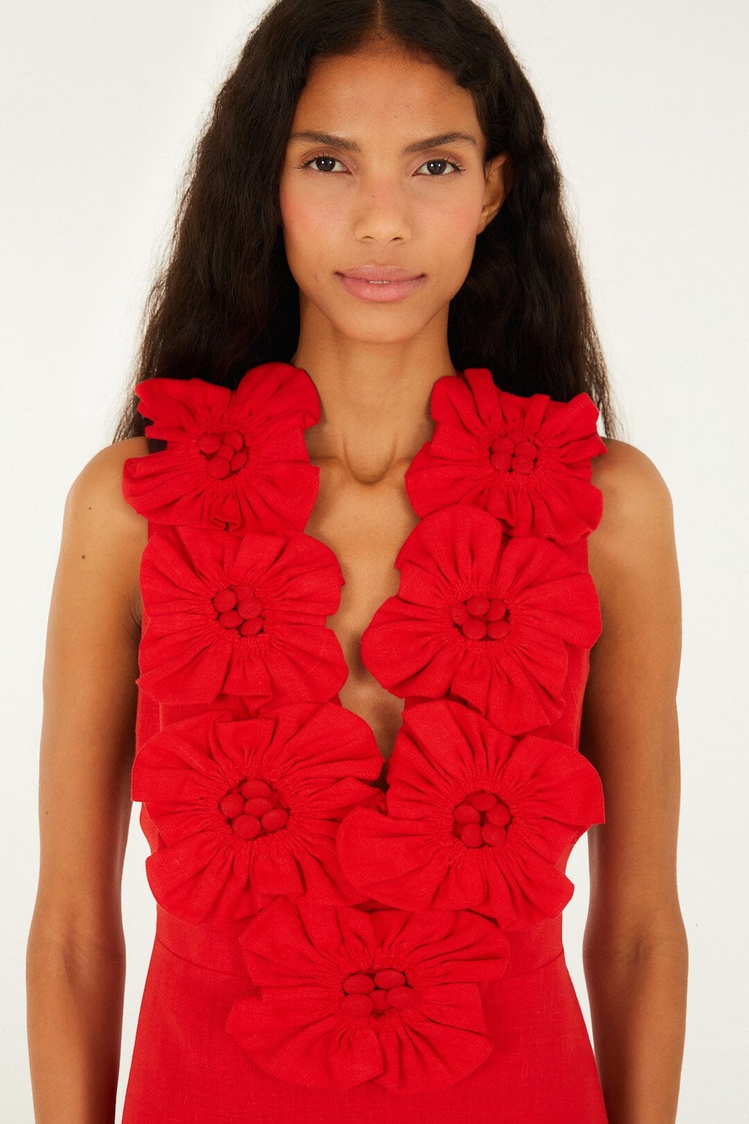 Red 3d Flower Euroflax Premium Linen Maxi Dress