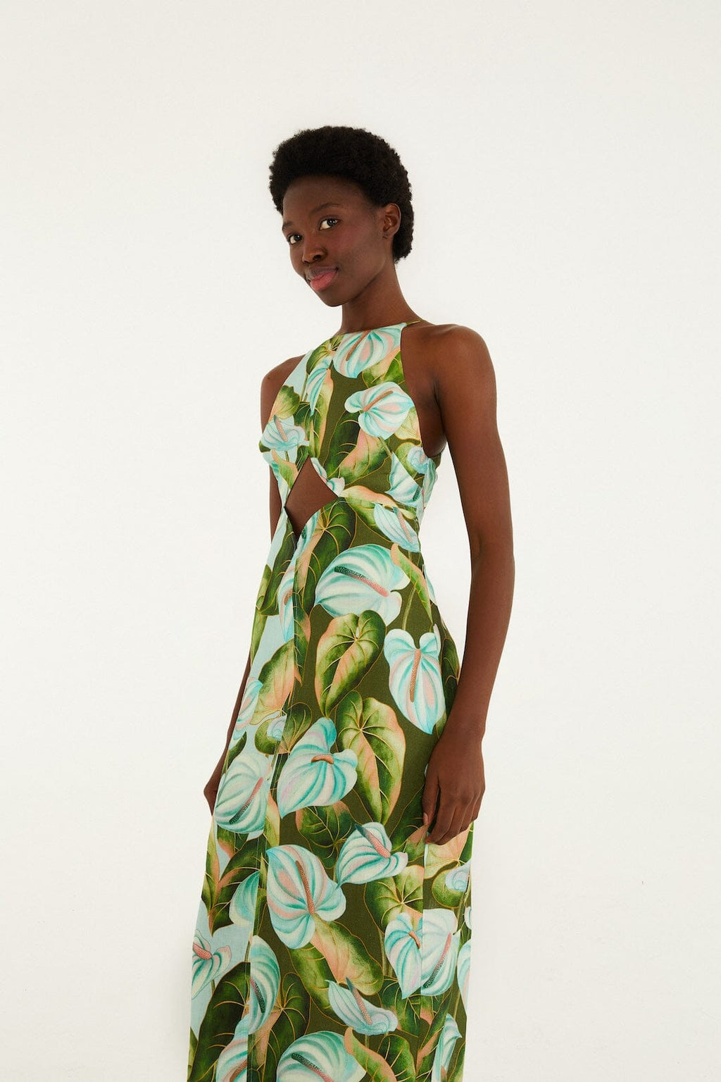 Green Anthurium Leaves Cut-Out Euroflax™ Premium Linen Midi Dress