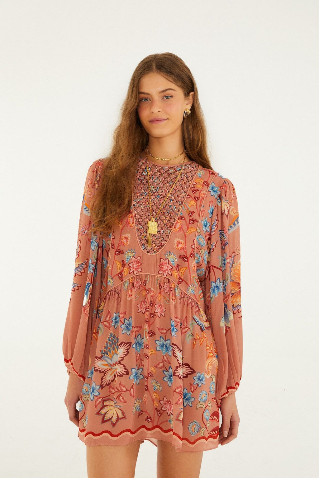 Mocha Boho Enhance Lace Long Sleeve Mini Dress