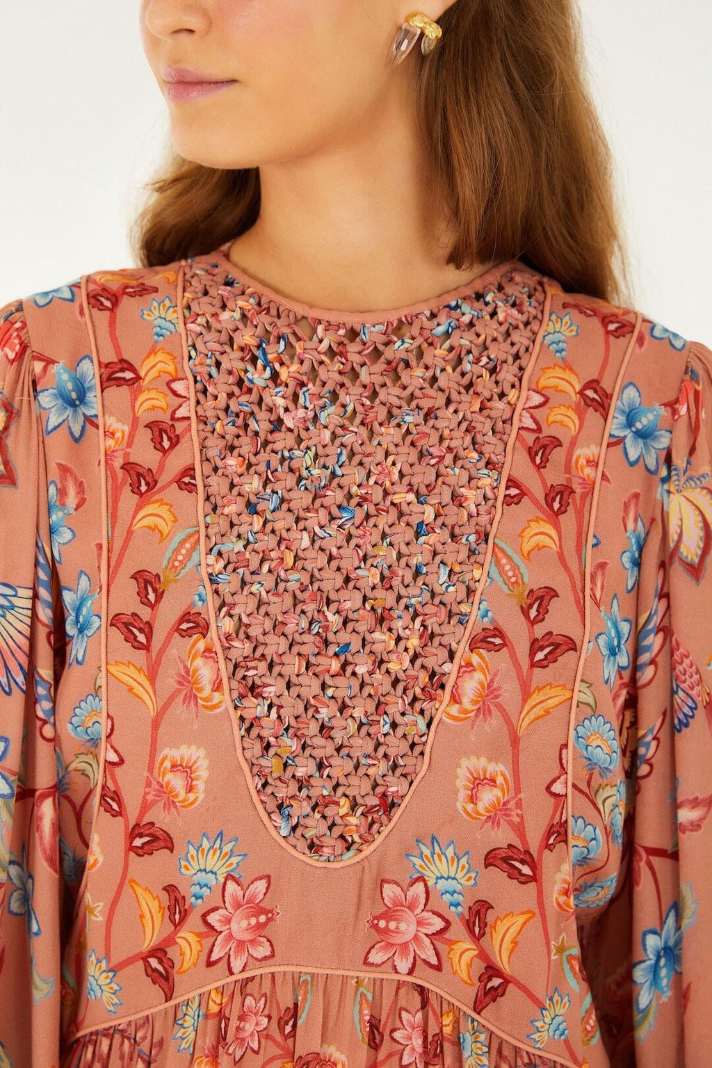 Mocha Boho Enhance Lace Long Sleeve Mini Dress
