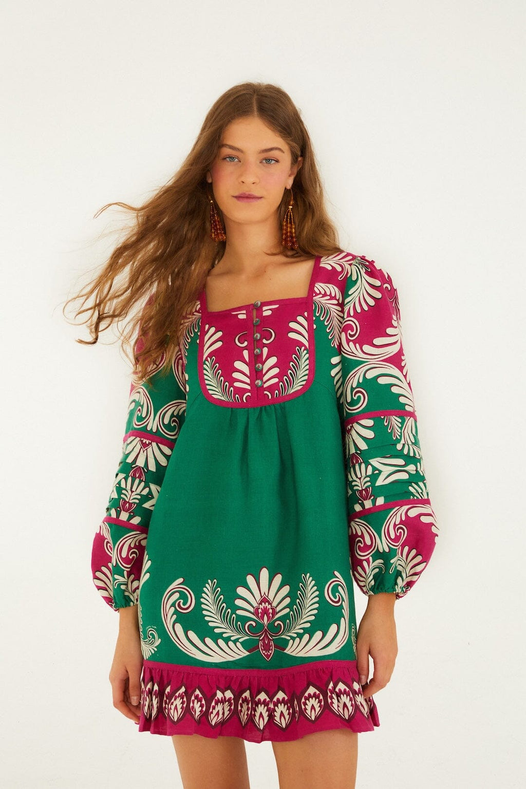 Multicolor Spring Arabesc Long Sleeve Euroflax™ Premium Linen Mini Dress