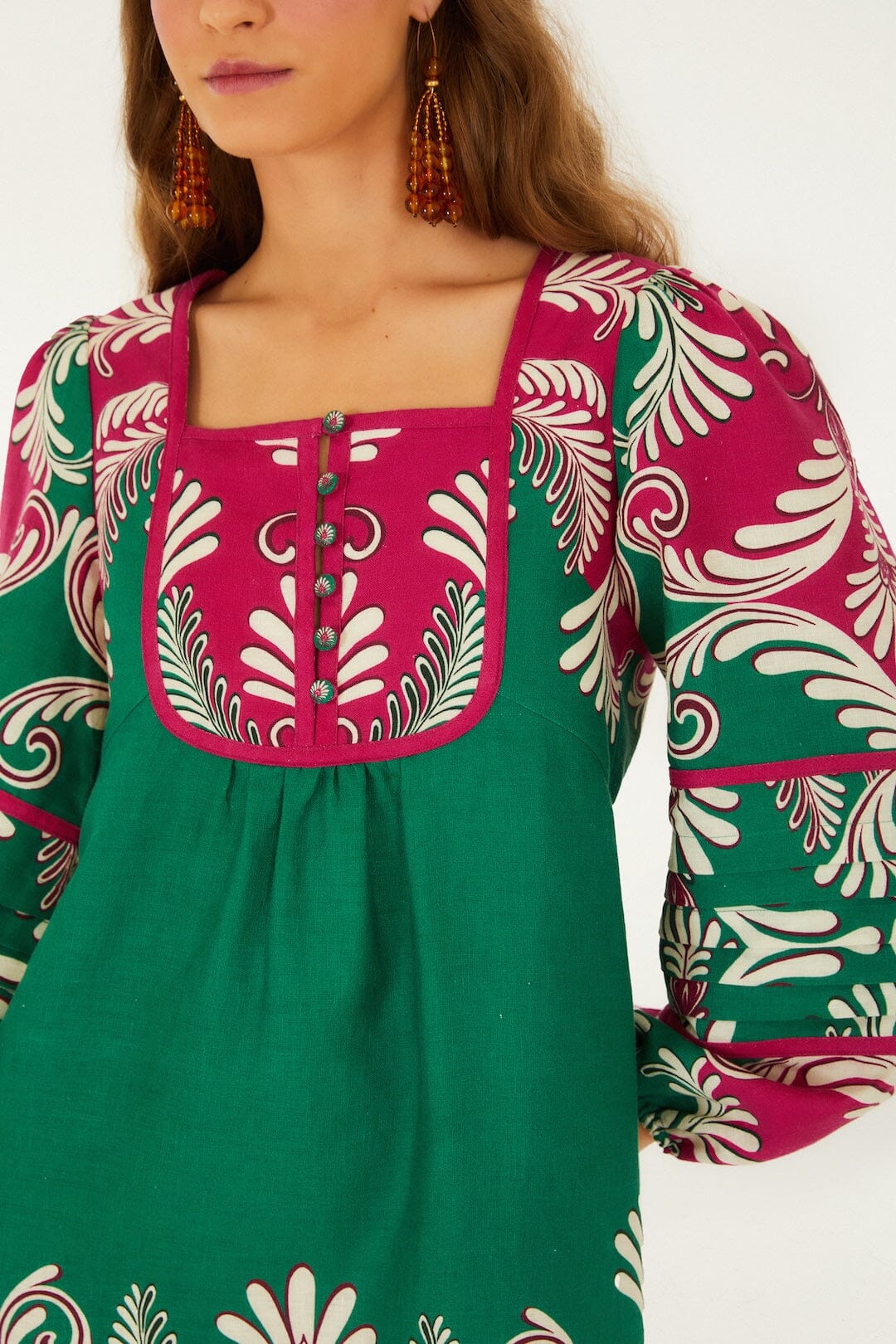 Multicolor Spring Arabesc Long Sleeve Euroflax™ Premium Linen Mini Dress