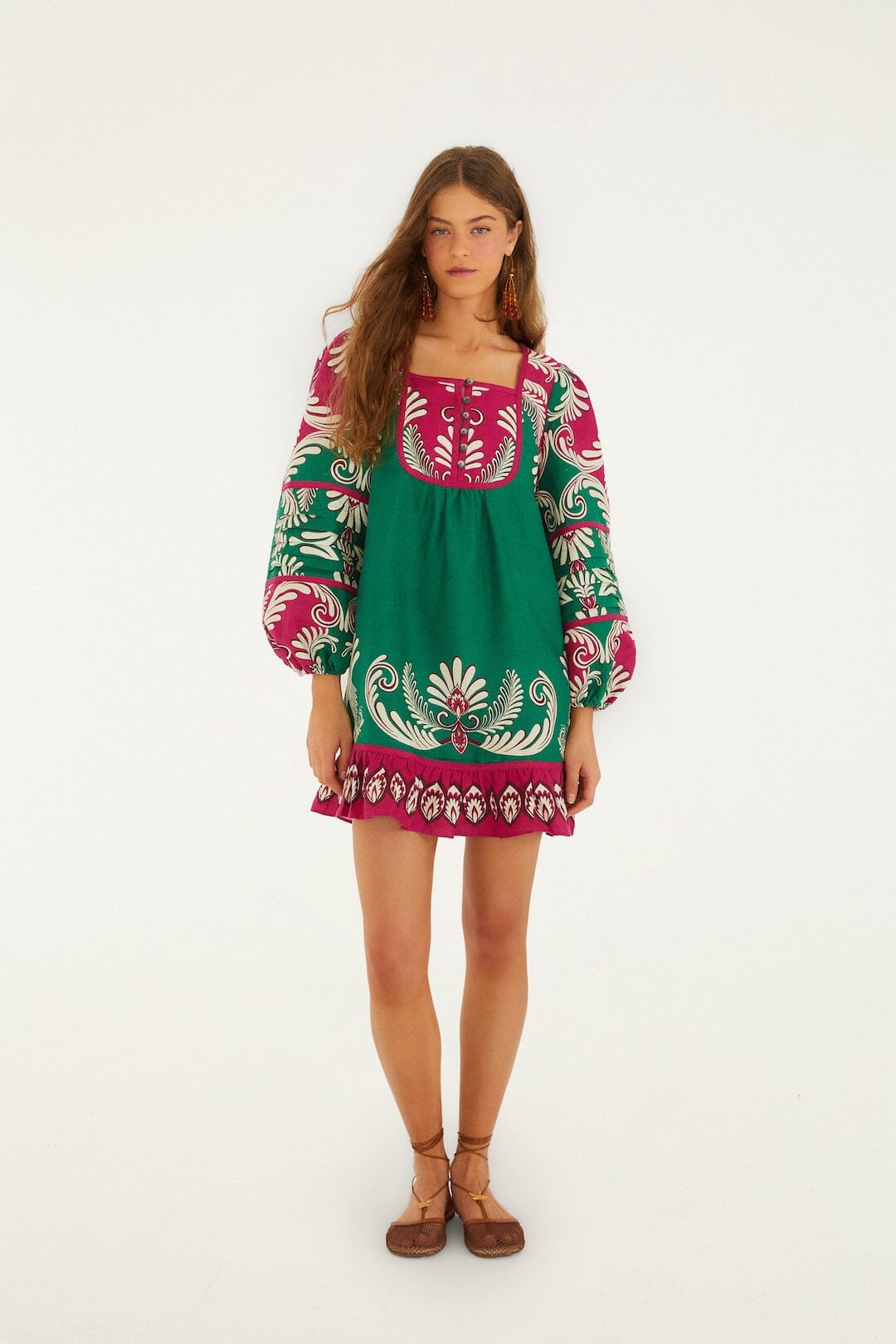 Multicolor Spring Arabesc Long Sleeve Euroflax™ Premium Linen Mini Dress