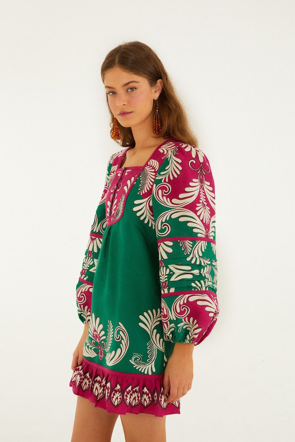 Multicolor Spring Arabesc Long Sleeve Euroflax™ Premium Linen Mini Dress