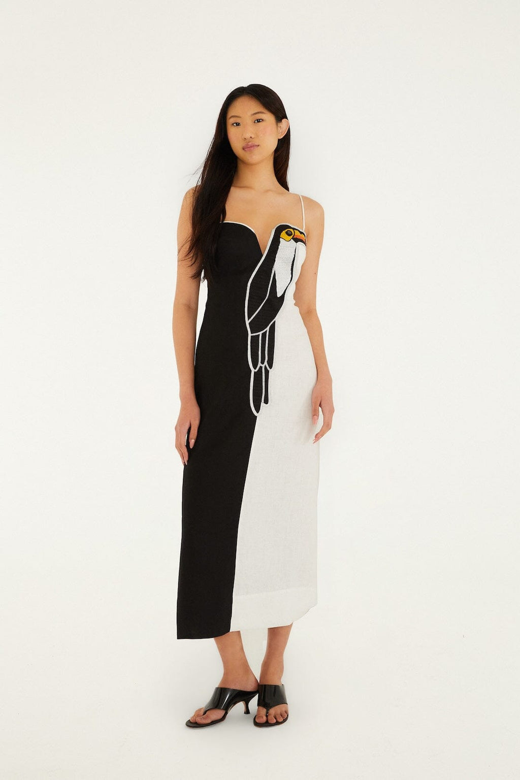 Black And White Embroidered Toucan Euroflax™ Premium Linen Sleeveless Maxi Dress