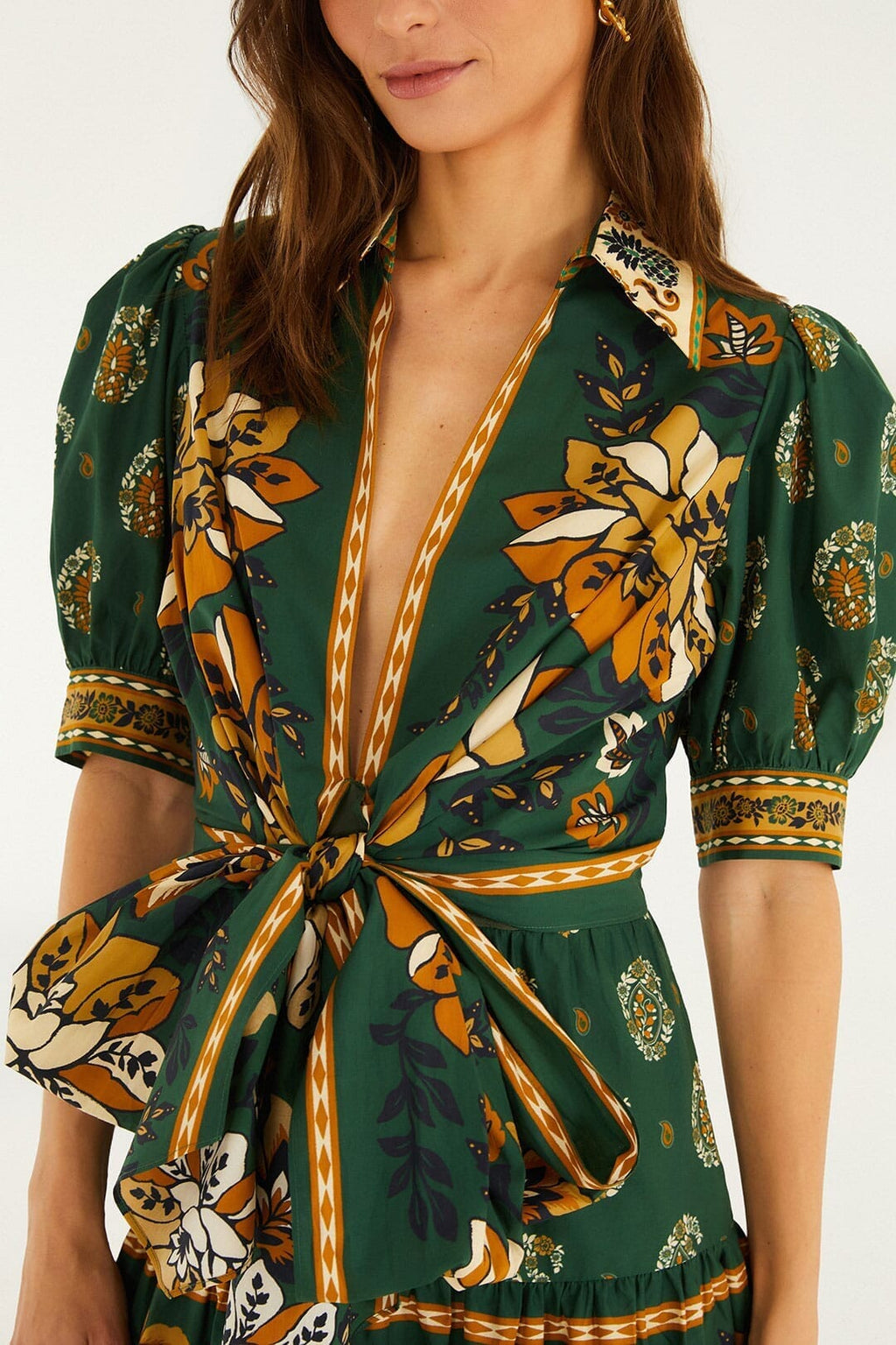 Green Ayla Short Puff Sleeve Organic Cotton Mini Dress