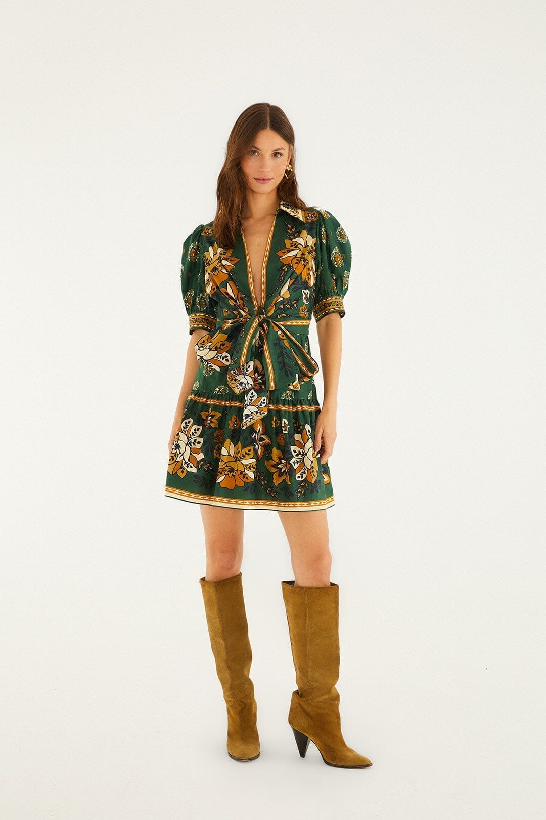 Green Ayla Short Puff Sleeve Organic Cotton Mini Dress