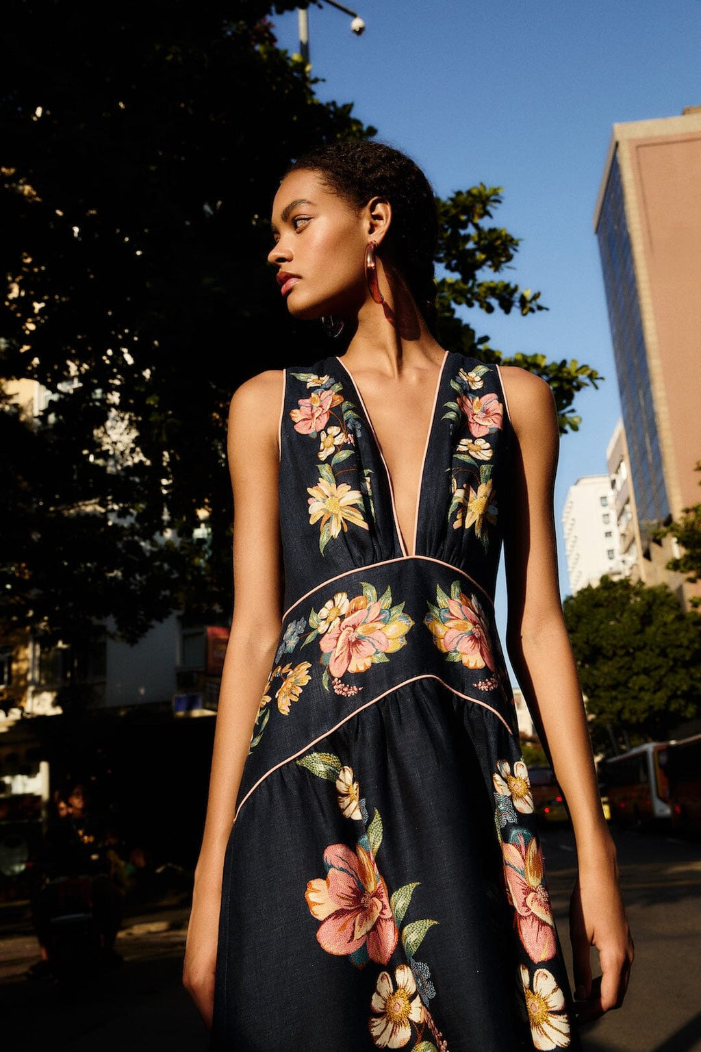 Dark Blue Maira Floral Euroflax™ Premium Linen Midi Dress