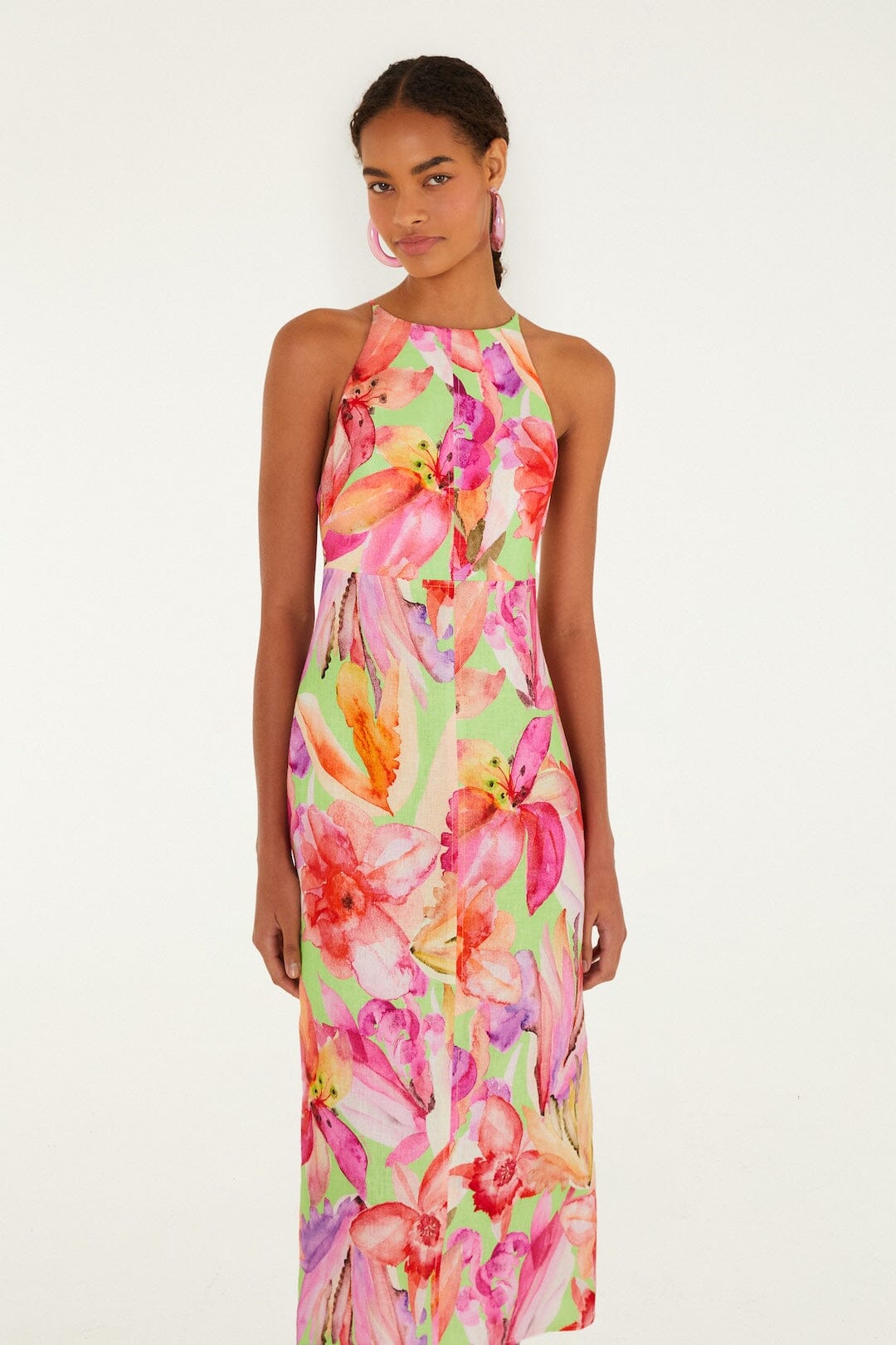 Multicolor Artsy Flora Euroflax™ Premium Linen Midi Dress