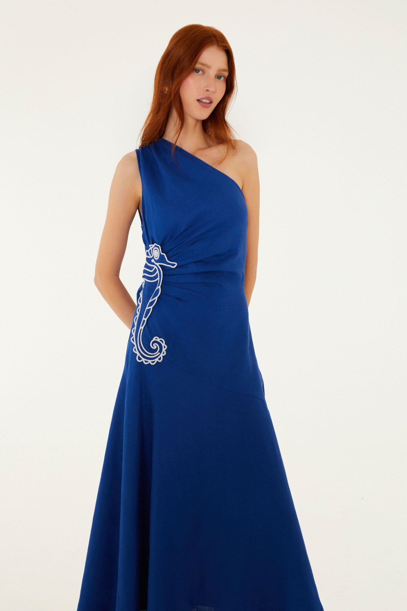 Blue Seahorse Embroidery One-Shoulder Euroflax Premium Linen Maxi Dress