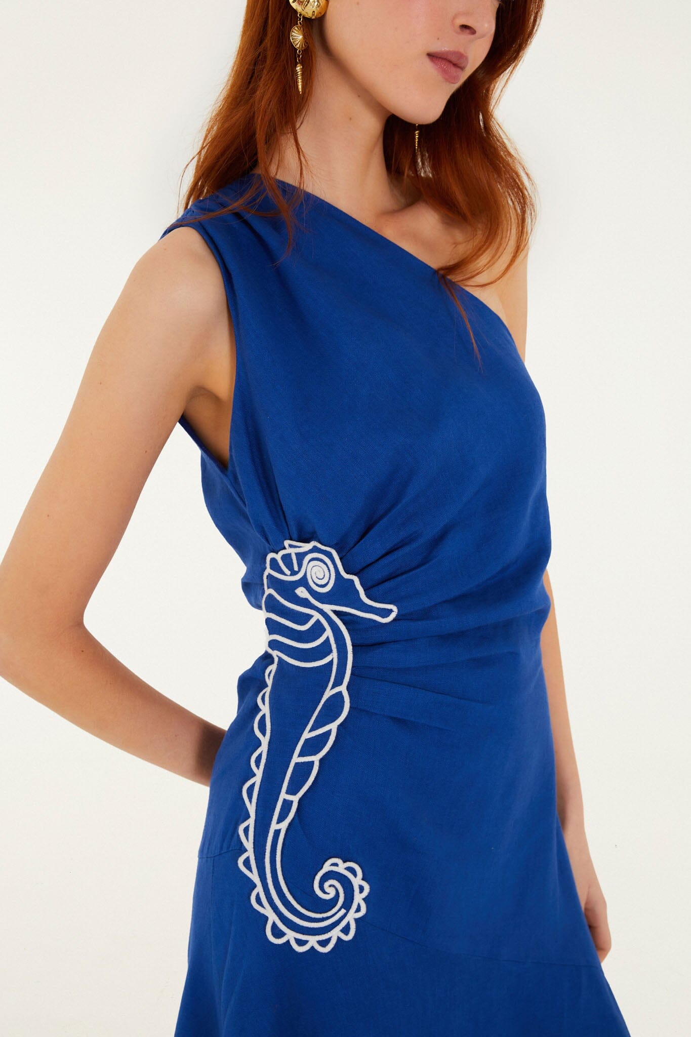Blue Seahorse Embroidery One-Shoulder Euroflax Premium Linen Maxi Dress