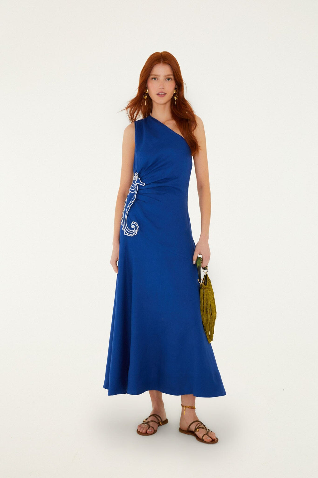 Blue Seahorse Embroidery One-Shoulder Euroflax Premium Linen Maxi Dress