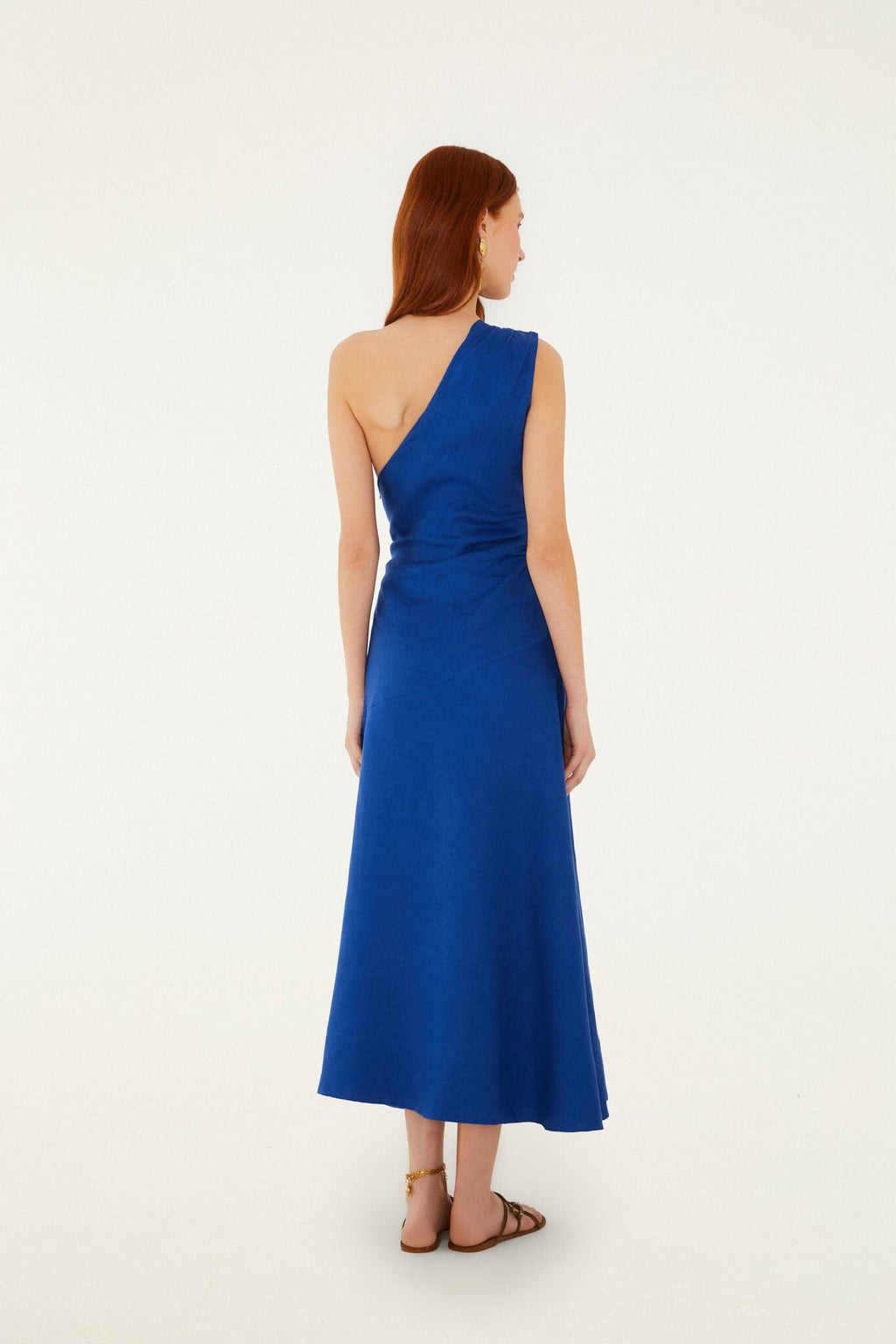 Blue Seahorse Embroidery One-Shoulder Euroflax Premium Linen Maxi Dress
