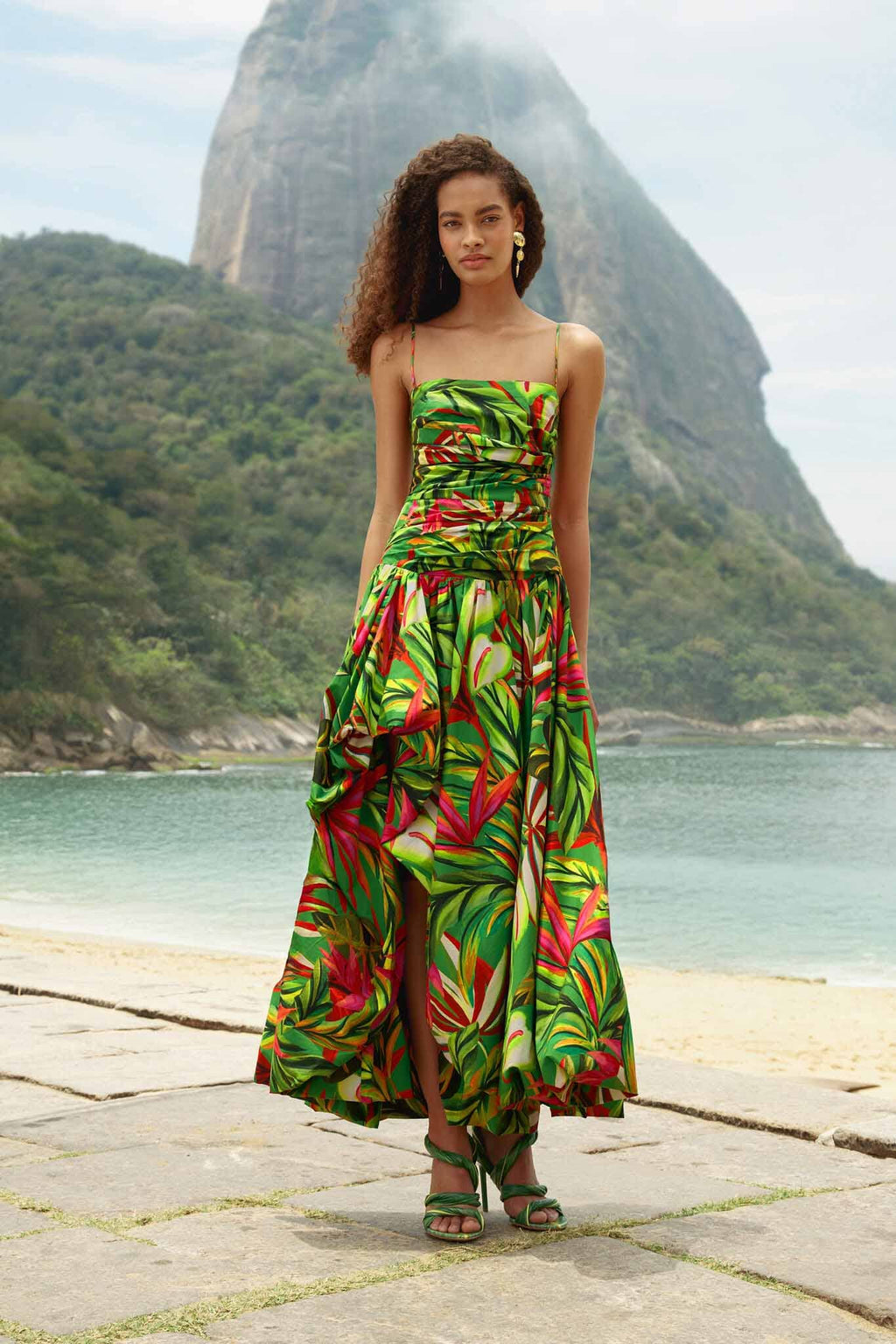Green Tropical Dream Draped Organic Cotton Maxi Dress