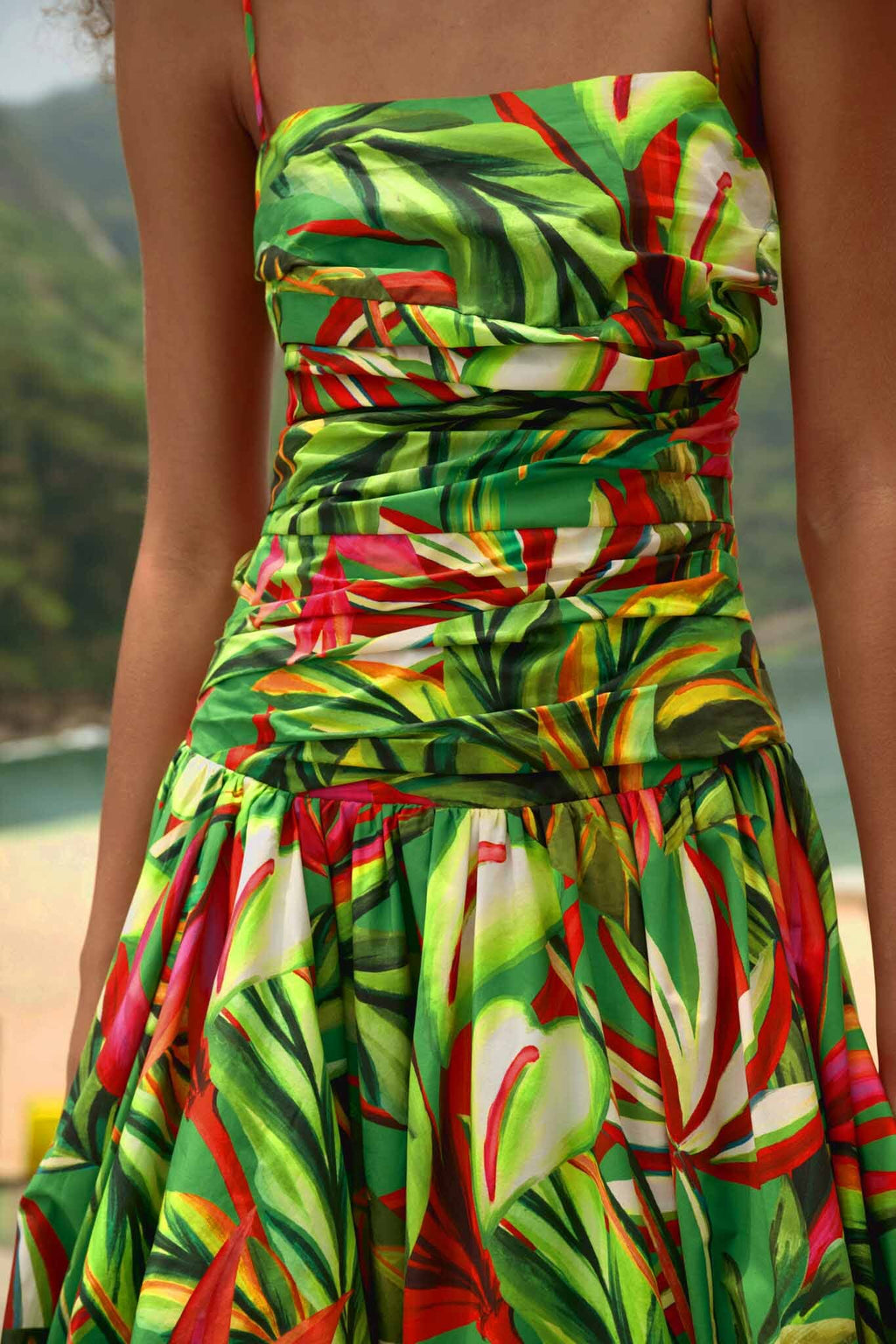 Green Tropical Dream Draped Organic Cotton Maxi Dress