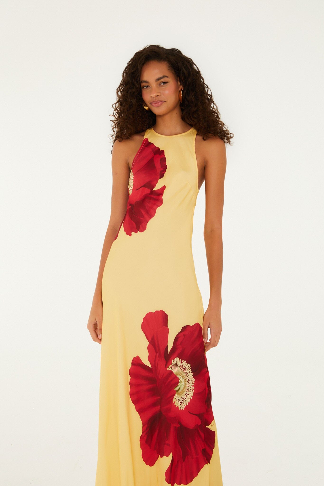 Light Yellow Poppy Flowers Sleeveless Lenzing Ecovero Viscose Maxi Dress
