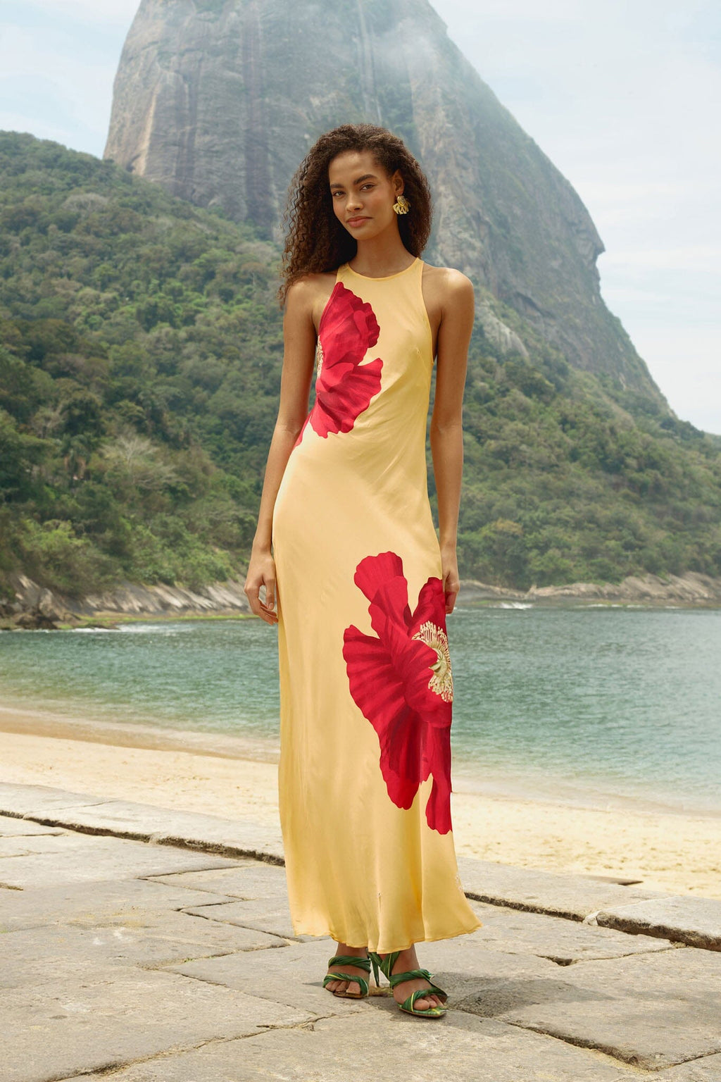 Light Yellow Poppy Flowers Sleeveless Lenzing Ecovero Viscose Maxi Dress