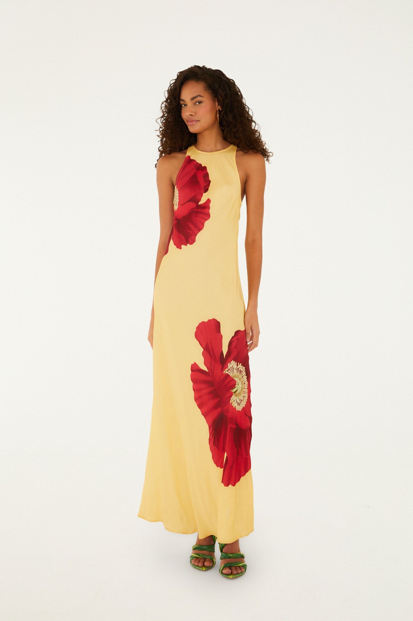 Light Yellow Poppy Flowers Sleeveless Lenzing Ecovero Viscose Maxi Dress