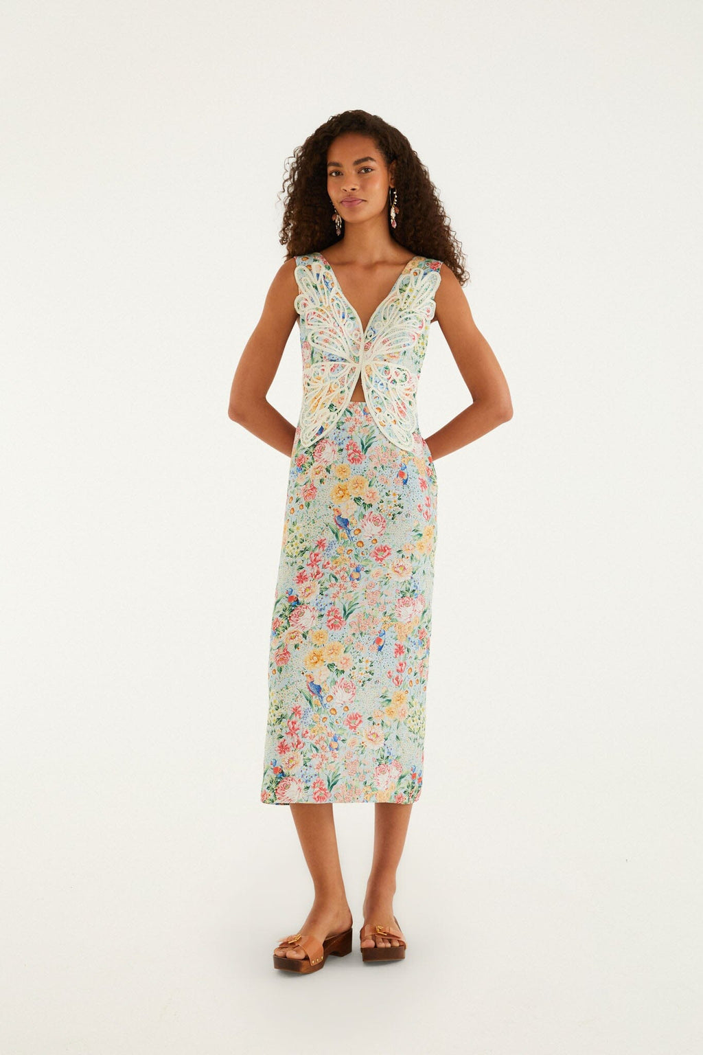 Multicolor Rendeira 3d Bodice Euroflax Premium Linen Midi Dress