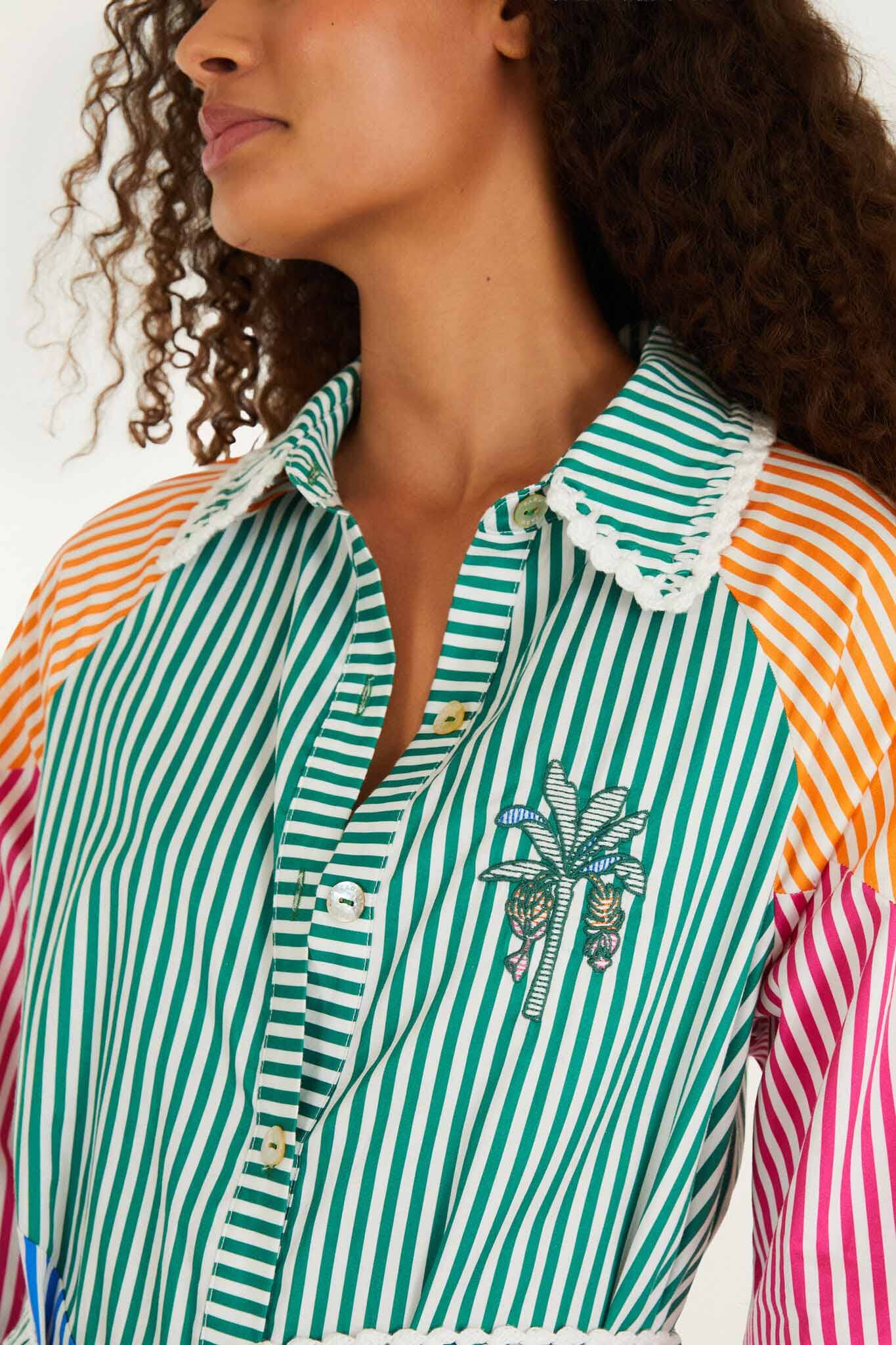 Multicolor Stripes Embroidered Belted Organic Cotton Midi Dress