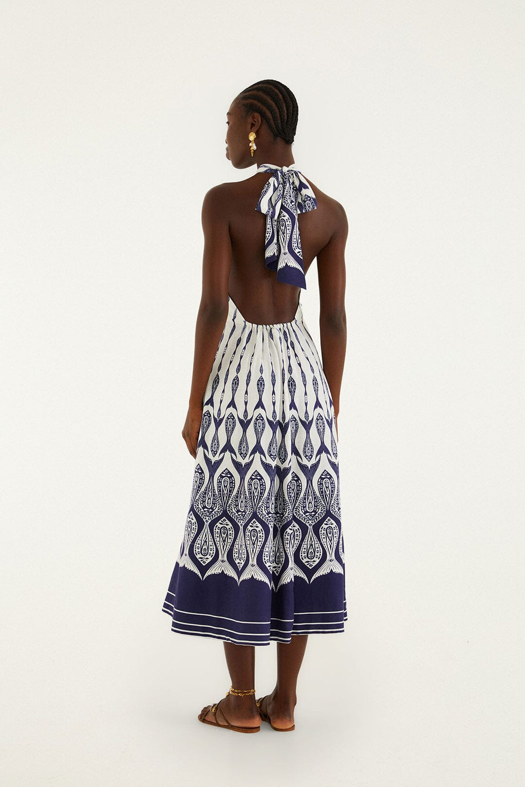 Off-White Fishes Flow Halter Neck Lenzing Ecovero Euroflax Midi Dress