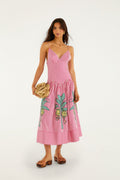 Red Palm Tree Stripes Cutwork Organic Cotton Midi Dress