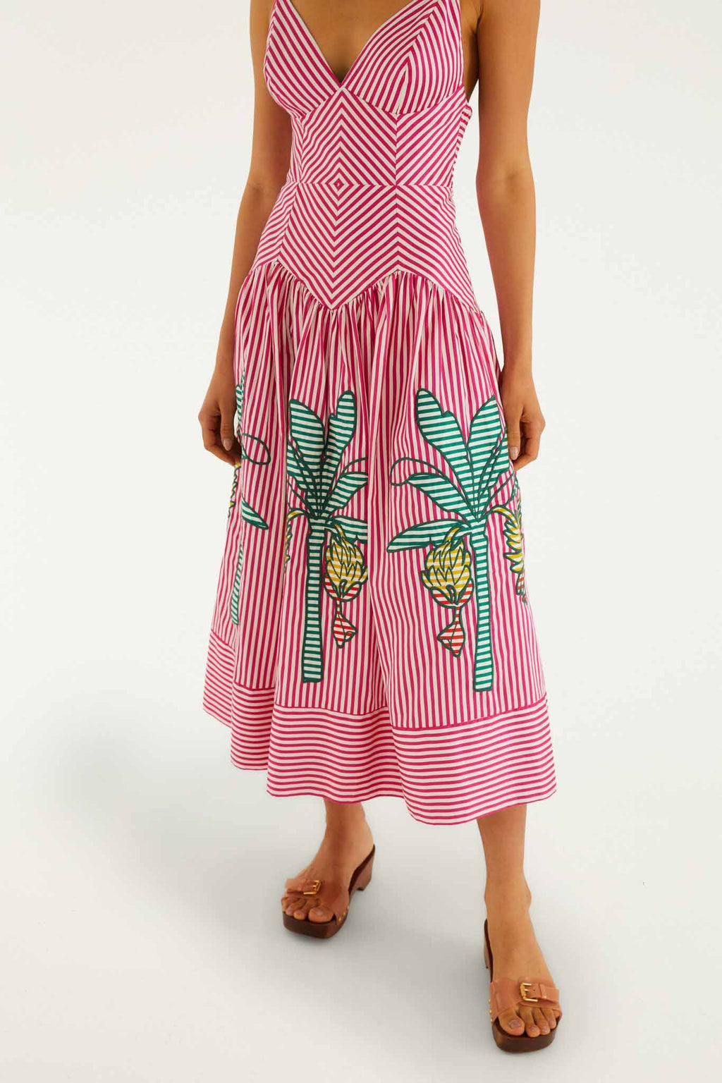 Red Palm Tree Stripes Cutwork Organic Cotton Midi Dress
