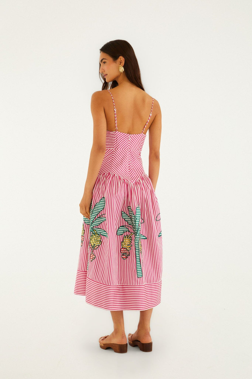 Red Palm Tree Stripes Cutwork Organic Cotton Midi Dress